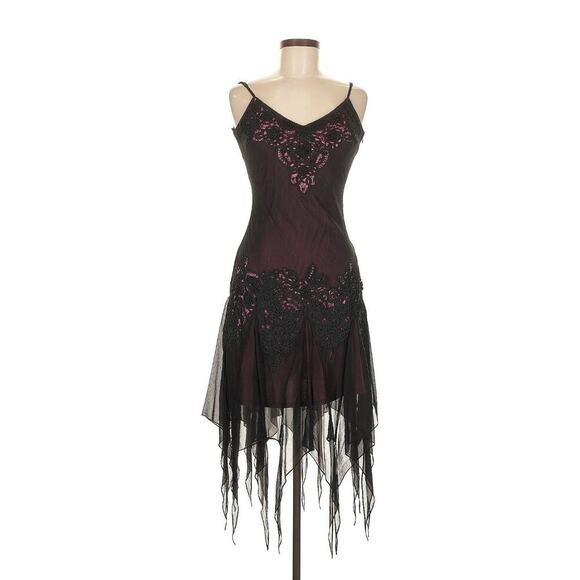 Vintage Sue Wong Y2K Silk Floral Crochet Fairy Dress 6 Asymmetrical Floral Slip - Picture 1 of 5